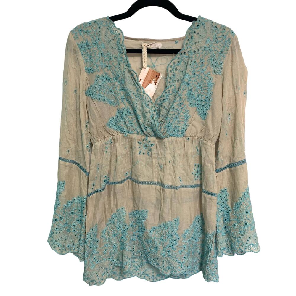 Antica Sartoria Sabbia Cotton Eyelet Embroidered Empire Waist Blouse Size 1